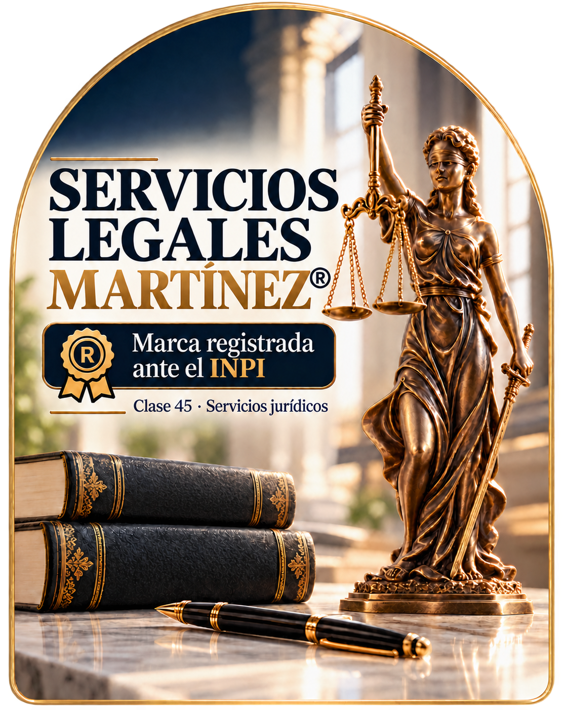 Servicios Legales Martínez® con la Justicia y marco dorado en arco